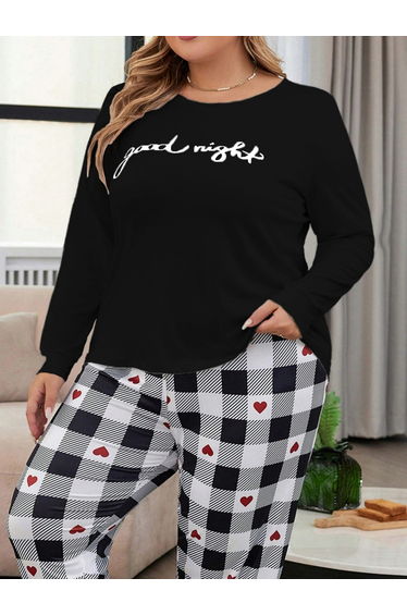 Plus Size Slogan Printed Top and Checked Pyjama Set