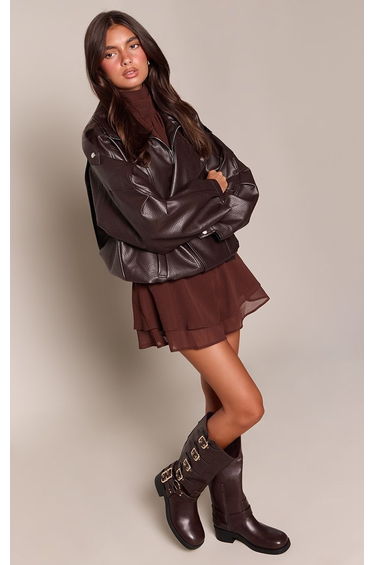 Chocolate Faux Leather Buckle Detail Knee High Boots