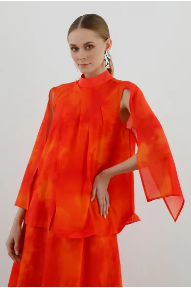 Lace Detailed Pleated Long Sleeve Orange Dress