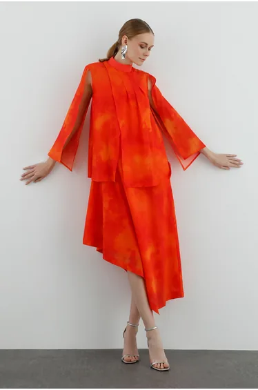 Lace Detailed Pleated Long Sleeve Orange Dress