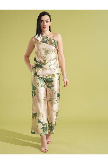Satin Floral Print Ruffled Top and Trousers Co-Ords