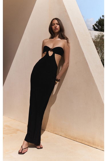 Black Slinky Bead Detail Cut Out Bandeau Maxi Dress