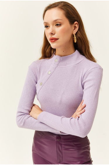 Women's Lilac Button Detailed Half Turtleneck Lycra Blouse