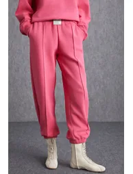 IDANIA Women's Soft Elastic Leg Piping Detailed Raised Organic Cotton Pink Sweatpants - 1