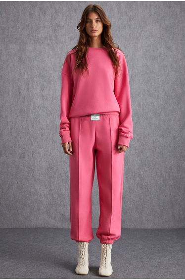 IDANIA Women's Soft Elastic Leg Piping Detailed Raised Organic Cotton Pink Sweatpants