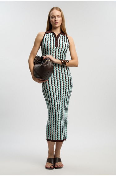Knit Contrast Collar Pointelle Sleeveless Midi Dress