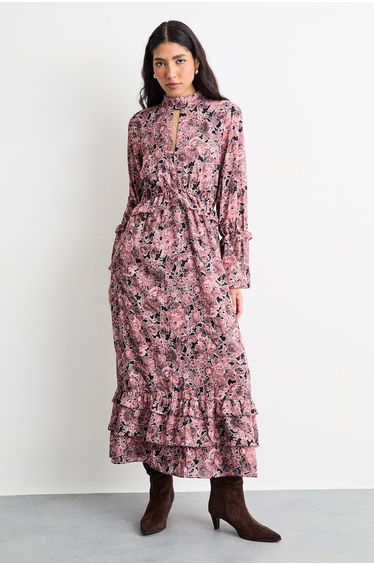 Chiffon Shirred Frill Detail High Neck Midi Dress