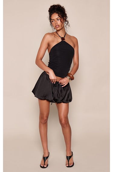 Black Satin Puffball Drawstring Shorts