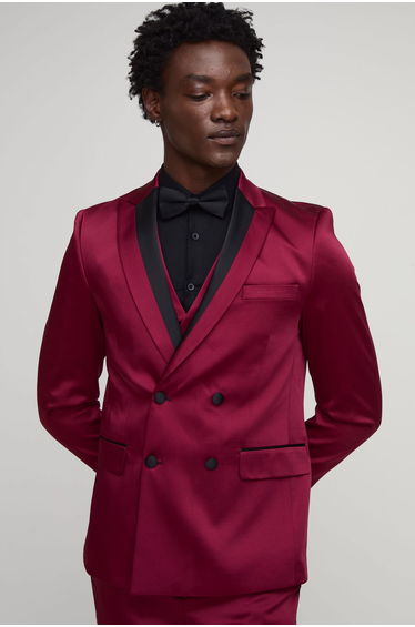 Slim Fit Contrast Collar Satin Suit Jacket - burgundy