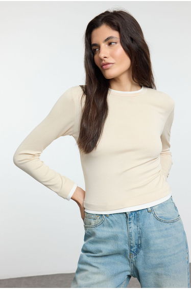 Stone Color Block Fitted/Body-Smooth Viscose/Soft Fabric Flexible Knitted Blouse