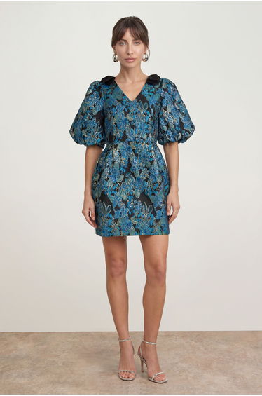 Bow Shoulder Puff Sleeve V Neck Mini Dress