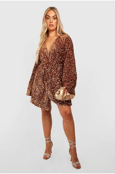Plus Sequin Velvet Twist Front Dress - chocolate