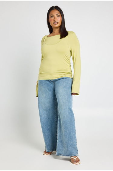 Plus Soft Double Layer Long Sleeve Top - green