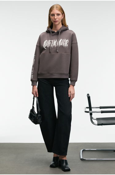 GRIMELANGE ALIRAYNE Women's Printed Oversize Hoodie with Kangaroo Pocket Anthracite Sweatshirt
