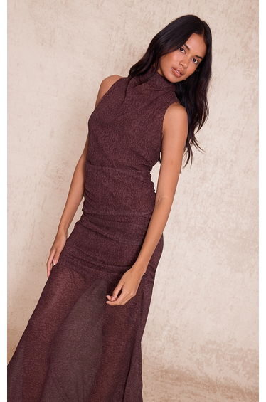 Chocolate Brown Printed Chiffon Racer Neck Top