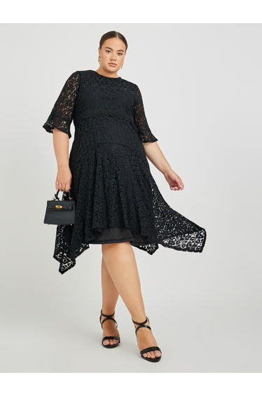 Plus Size Lace High Neck Asymmetric Hem A-Line Midi Dress
