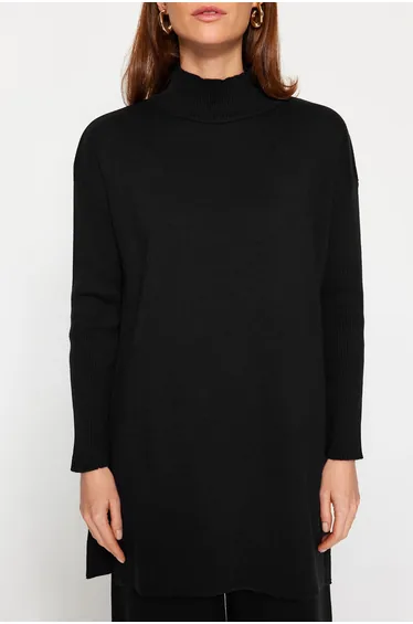 Black Slit Wide Leg Knitwear Bottom-Top Set