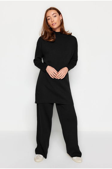 Black Slit Wide Leg Knitwear Bottom-Top Set
