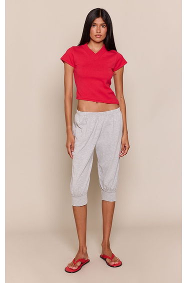Red Short Sleeve High V Neck Asymmetric Knitted Top