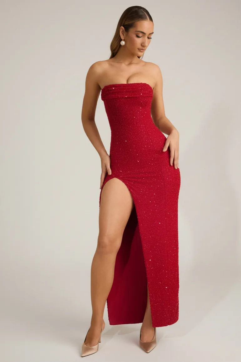 Embellished Strapless Cowl-Neck Maxi Dress in True Red Oh Polly Red :  Premium Dresses : VogaCloset Qatar
