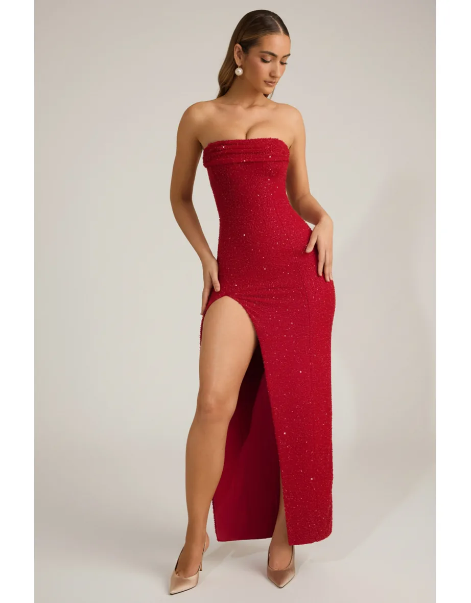 Embellished Strapless Cowl-Neck Maxi Dress in True Red Oh Polly Red : Premium Dresses : VogaCloset Qatar Embellished Strapless Cowl-Neck Maxi Dress in True Red Oh Polly Red : Premium Dresses : VogaCloset Qatar