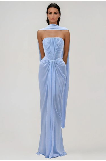 Giosetta Mesh Shawl Draped Maxi Dress In Blue