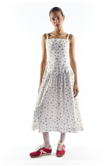 Dropped Waist Midi Dress with Trim in White Floral Colour