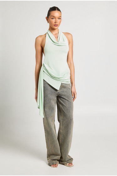 Cupro High Neck Drape Detail Top - sage