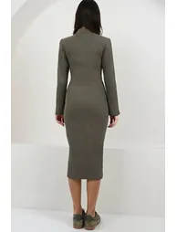 Women's Khaki Crew Neck Midi Length Knitted Dress - 3