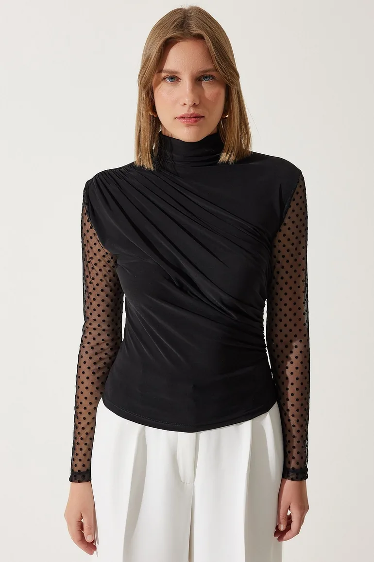 Women's Black Polka Dot Lace Sleeve Gathered Knitted Blouse - 3