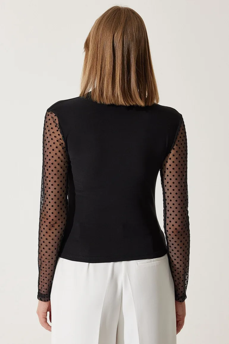 Women's Black Polka Dot Lace Sleeve Gathered Knitted Blouse - 4