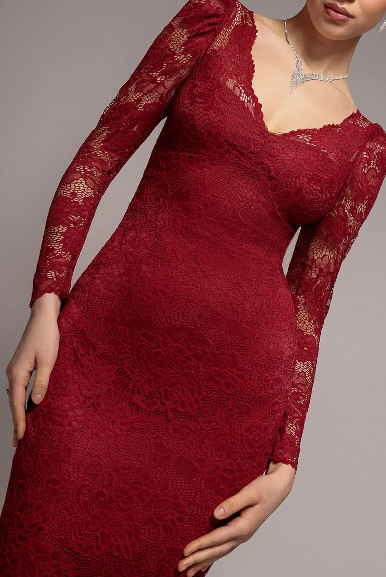 فستان ماكسي بدانتيل سكالوب بياقة V بحافة واسعة - أحمر - 2