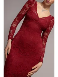 فستان ماكسي بدانتيل سكالوب بياقة V بحافة واسعة - أحمر - 2