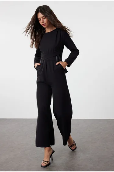 Black Plain Finike Weaving Jumpsuit