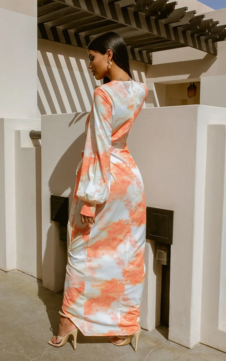 orange watercolour print tassel tie wrap maxi dress Women's Orange Watercolour Print Tassel Tie Wrap Maxi Dress