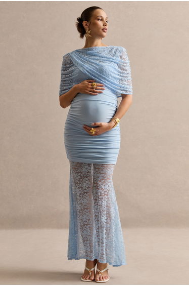 Bronta | Light Blue Lace High-Neck Maternity Maxi Dress With Short Cape And Sheer Skirt