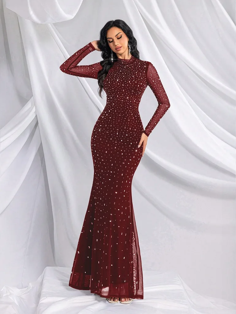 QOQ Red Beaded Chiffon Maxi Evening Dress - 4
