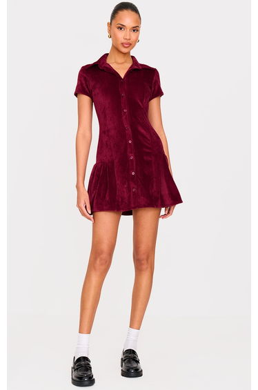 Burgundy Cord Button Down Cap Sleeve Pleated Hem Shift Dress