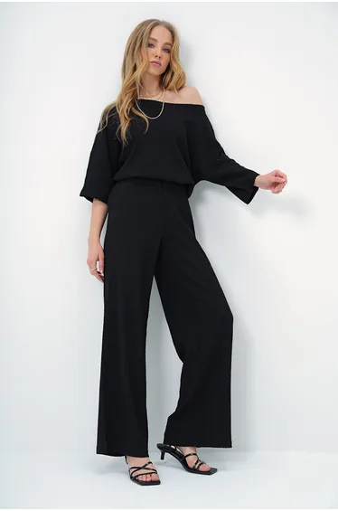 Women's Black Boat Neck Bat Sleeve Casual Blouse and Palazzo Pants Crepe Set