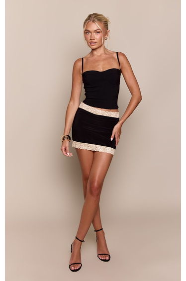 Black Slinky Lace Trim Mini Skirt
