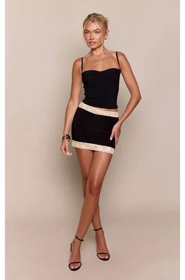 Black Slinky Lace Trim Mini Skirt