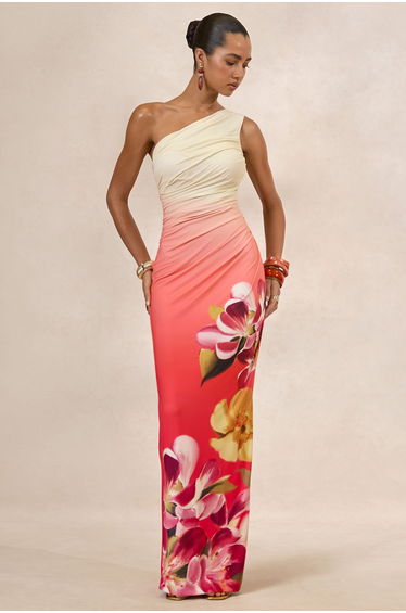 Hazel | Orange And Pink Floral Print Asymmetric-Neck Maxi Dress