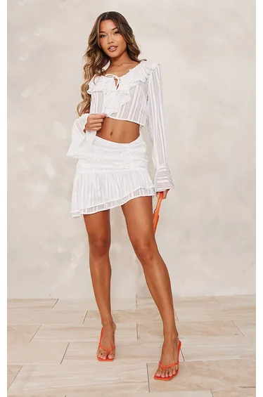 White Sheer Stripe Chiffon Ruffle Mini Skirt
