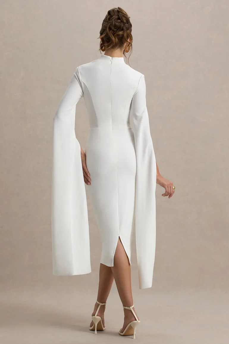 white cape bodycon dress Premium White Satin Bandeau Chiffon Cape Detail Bodycon Dress Prettylittlething White : Bridal Dresses : VogaCloset Oman