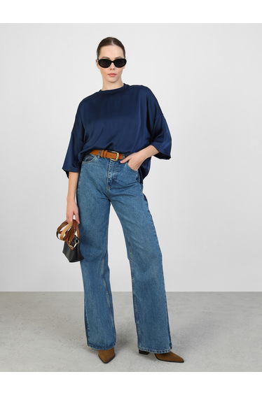 Navy Blue Solid Batwing Sleeve Top