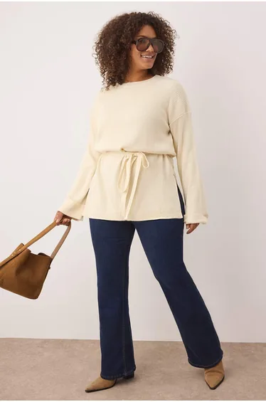 Ecru Belted Waist Long Knit Sweater