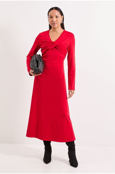 Red Twist V Neck Fit & Flare Ponte Midaxi Dress