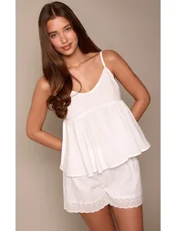 White Cotton Broderie Detail Shorts - 3