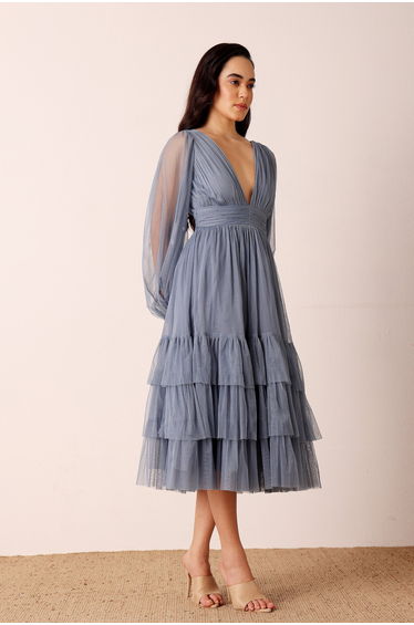 Madison Long Sleeve Midi Dress in Dusty Blue