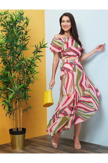 Multi Off-Shoulder Crop Top and Skirt Co-Ords